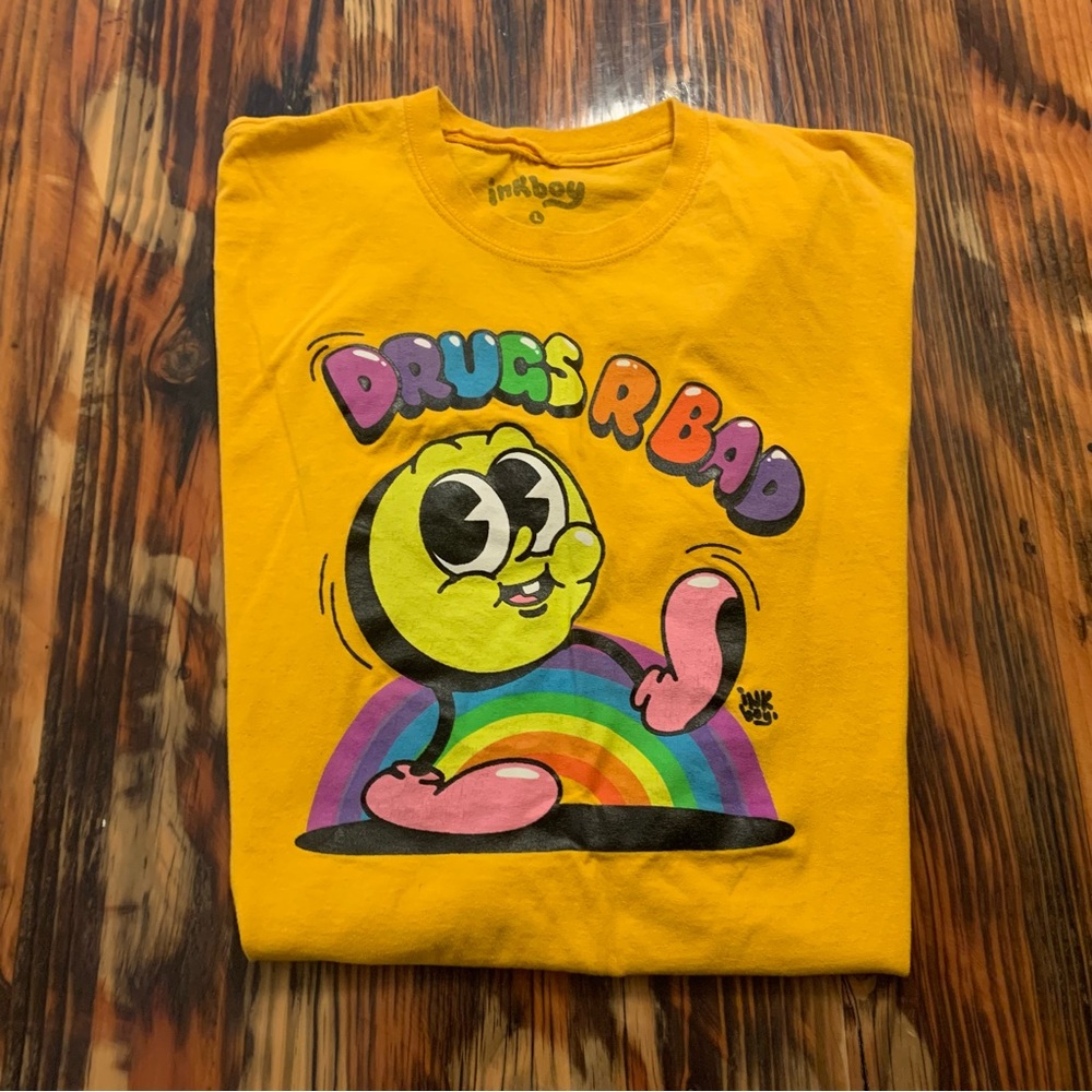 Inkboy Drugs R Bad yellow shirt. Size Large